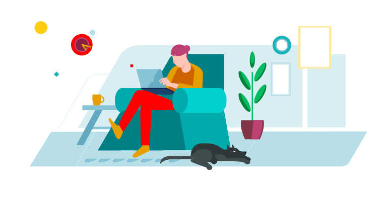 Ilustracja kobiety siedzącej w fotelu z laptopem na kolanach obok leży pies