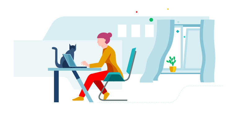 ilustracja - kobieta siedzi przy biurku w domu z laptopem, obok siedzi kot