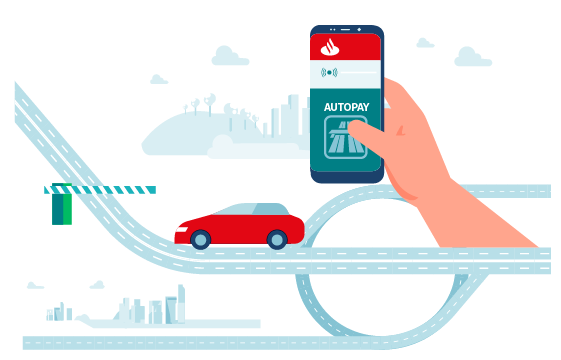 Ilustracja  - auto na autostradzie i dłoń ze smartfonem a na ekranie autopay w aplikacji Santander mobile