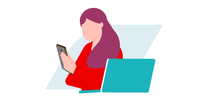 ilustracja - kobieta ze smartfonem w dłoni siedzi przy biurku z laptopem