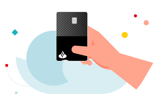 Ilustracja  - dłoń trzymająca kartę kredytową Santander w tle błękitne elementy graficzne