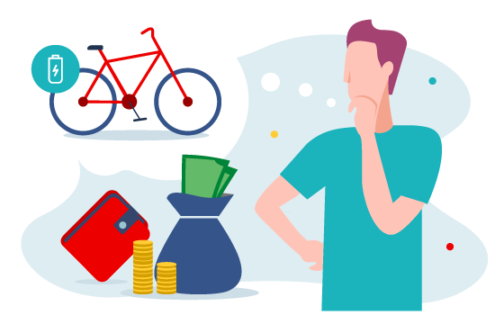 Ilustracja - chłopak który marzy o rowerze, obok niego pieniądze