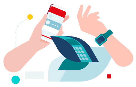 Ilustracja -ręce płacące zbliżeniowo zegarkiem i telefonem