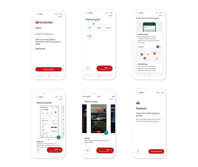 Sześć ilustracji aplikacji Santander mobile. Przedstawiają ekrany z funkcjami umożliwiającymi dopasowanie aplikacji do siebie takie jak język aplikacji, powiadomienia, pulpit, tapeta.