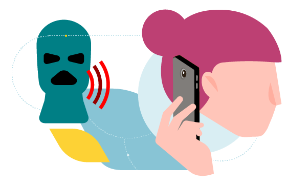 Ilustracja - kobieta z telefonem i przestępca w masce