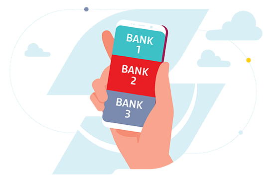 Ilustracja - dłońz telefonem i napisy na ekranie bank 1 bank 2 bank 3