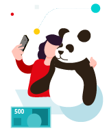 Ilustracja pani robi selfie z misiem panda